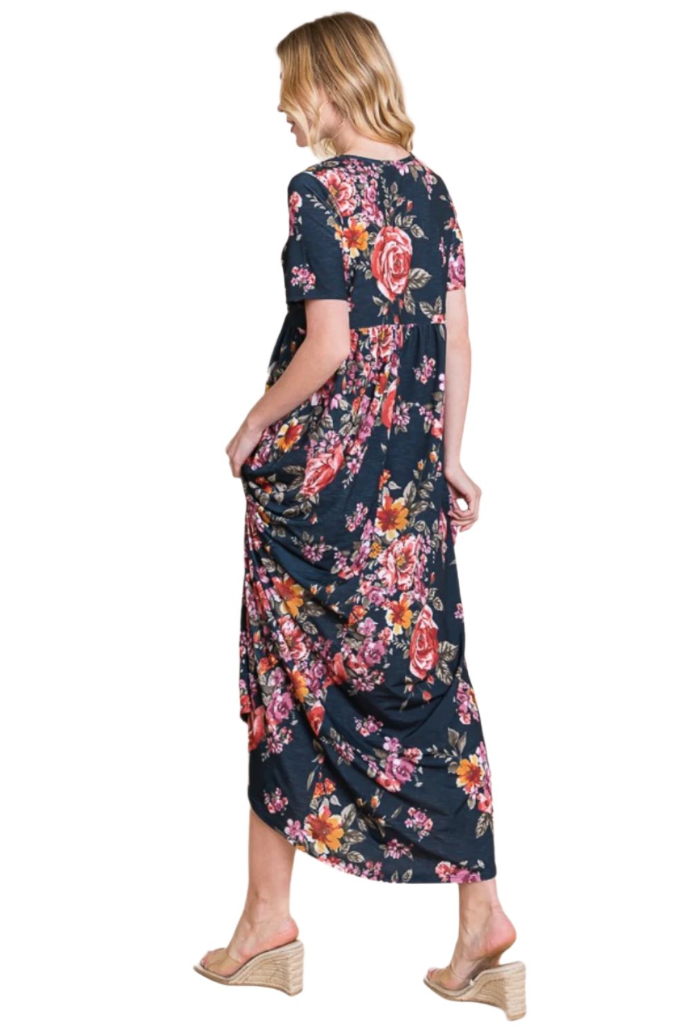 BOMBOM Floral Short Sleeve Maxi Dress