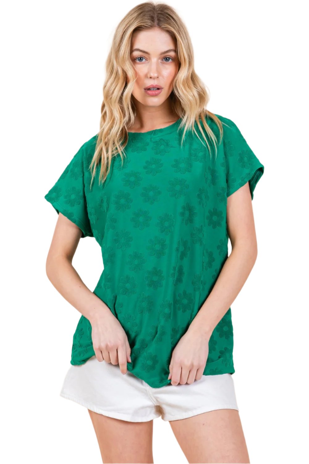 BOMBOM Textured Floral Pattern Short Sleeve T-Shirt