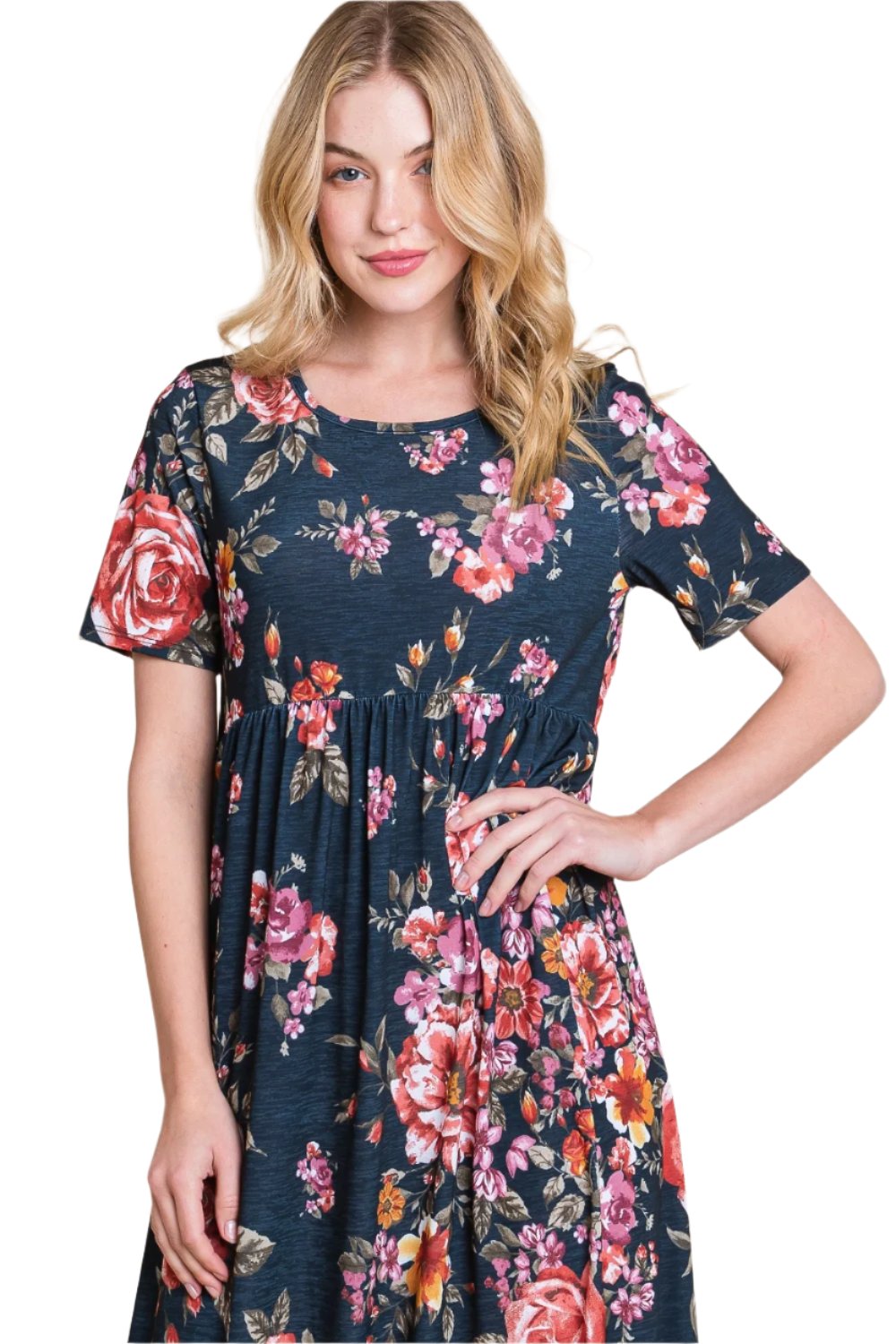 BOMBOM Floral Short Sleeve Maxi Dress
