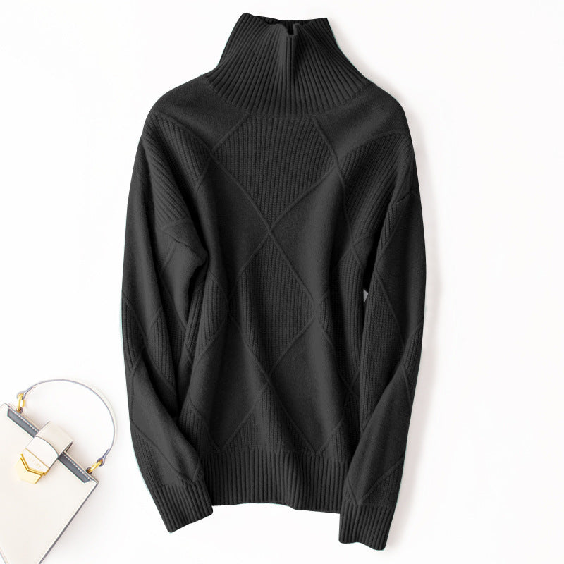 Wool 2023 New Autumn And Winter Women's Large Diamond Korean Style High Collar Loose Lazy Pullover Sweater Base Sweater