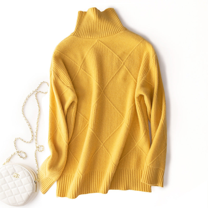 Wool 2023 New Autumn And Winter Women's Large Diamond Korean Style High Collar Loose Lazy Pullover Sweater Base Sweater