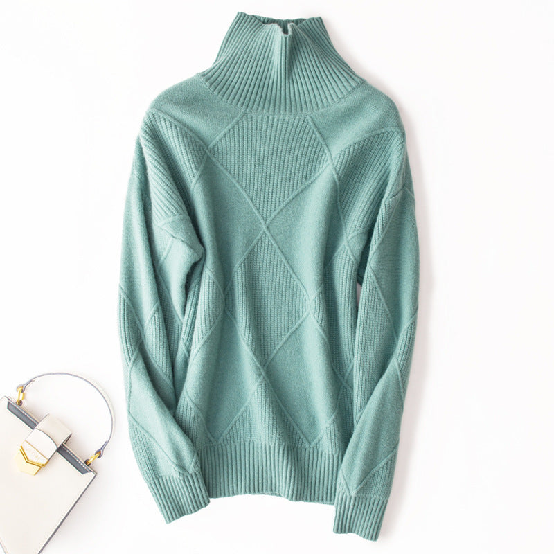 Wool 2023 New Autumn And Winter Women's Large Diamond Korean Style High Collar Loose Lazy Pullover Sweater Base Sweater