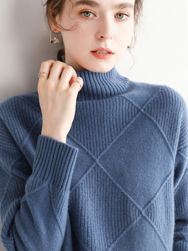 Wool 2023 New Autumn And Winter Women's Large Diamond Korean Style High Collar Loose Lazy Pullover Sweater Base Sweater