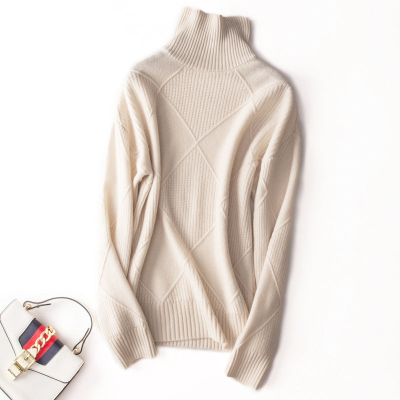 Wool 2023 New Autumn And Winter Women's Large Diamond Korean Style High Collar Loose Lazy Pullover Sweater Base Sweater