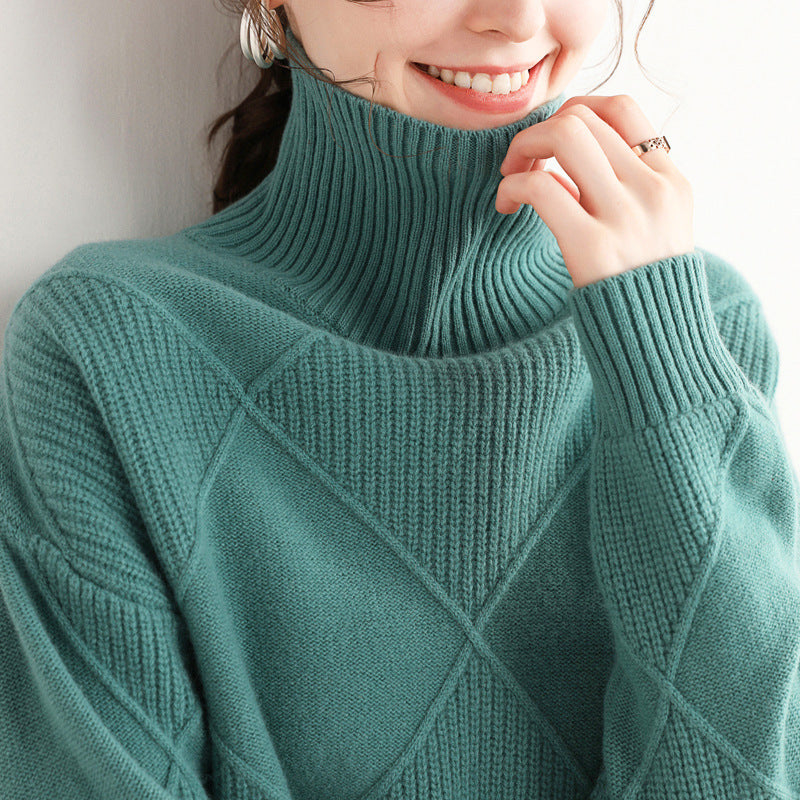 Wool 2023 New Autumn And Winter Women's Large Diamond Korean Style High Collar Loose Lazy Pullover Sweater Base Sweater