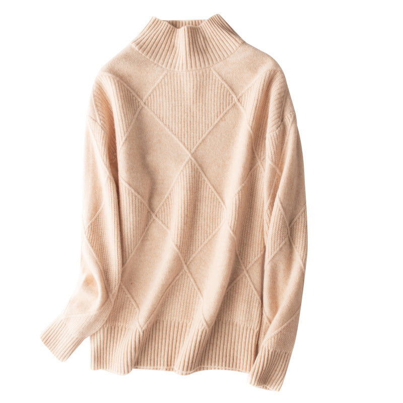 Wool 2023 New Autumn And Winter Women's Large Diamond Korean Style High Collar Loose Lazy Pullover Sweater Base Sweater