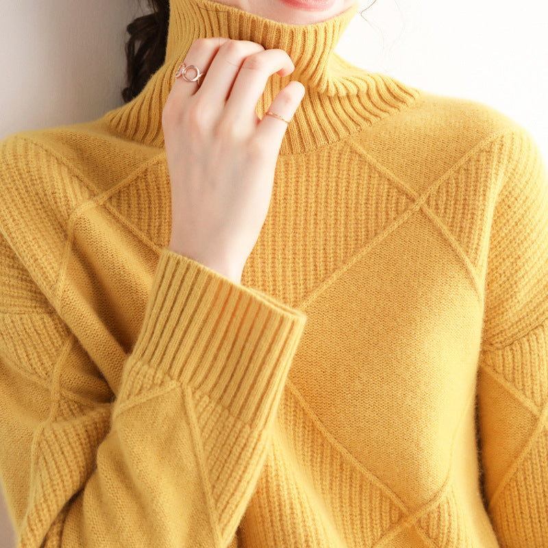 Wool 2023 New Autumn And Winter Women's Large Diamond Korean Style High Collar Loose Lazy Pullover Sweater Base Sweater