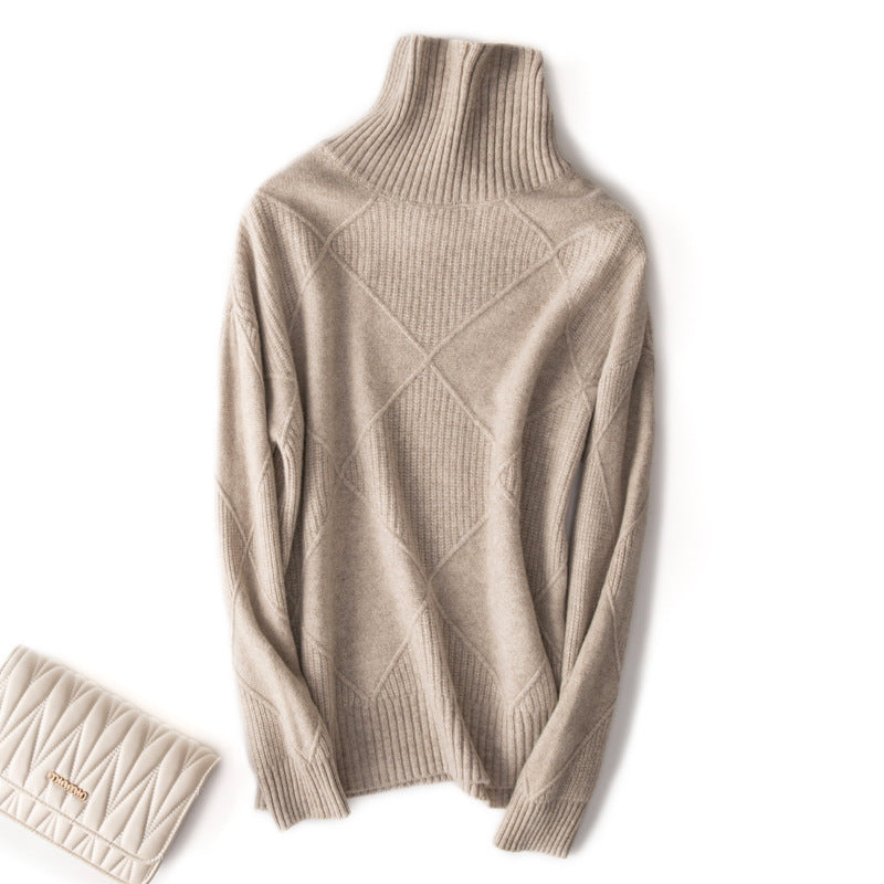 Wool 2023 New Autumn And Winter Women's Large Diamond Korean Style High Collar Loose Lazy Pullover Sweater Base Sweater
