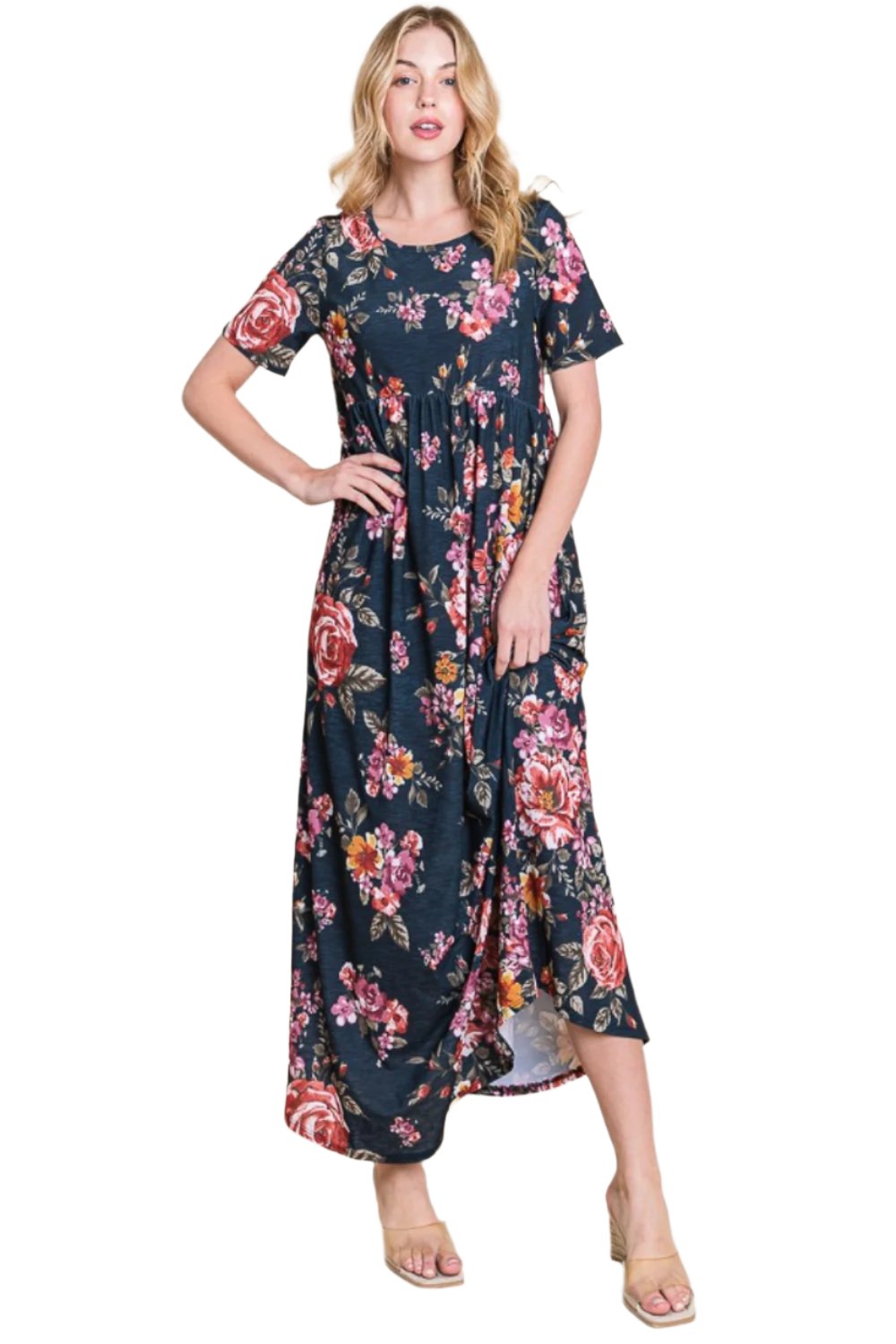 BOMBOM Floral Short Sleeve Maxi Dress