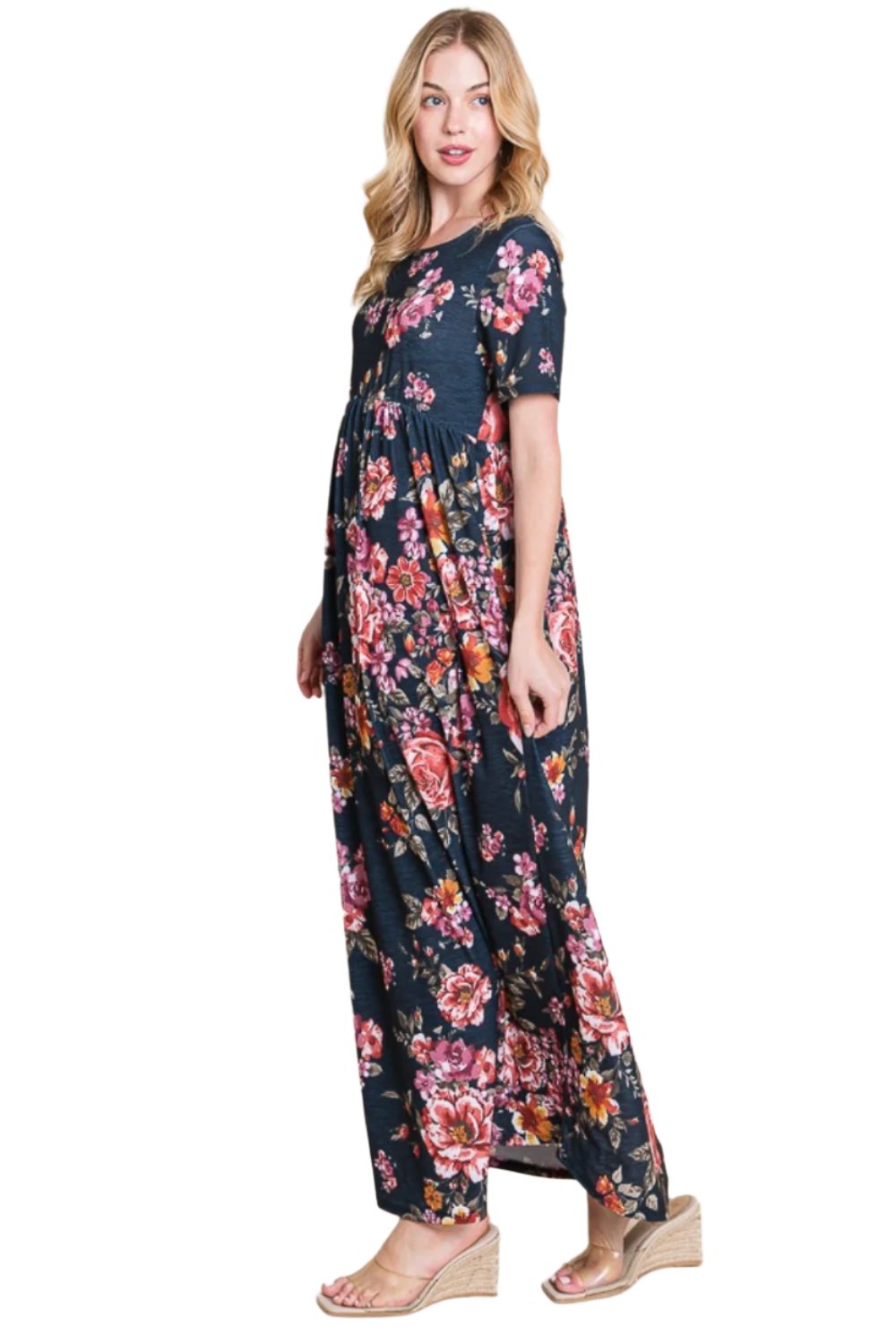 BOMBOM Floral Short Sleeve Maxi Dress