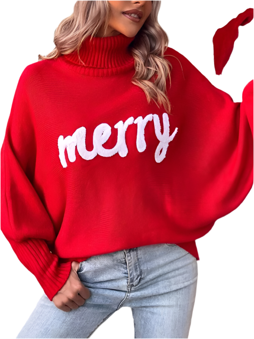 Women's turtleneck loose bat sleeves letter sweater