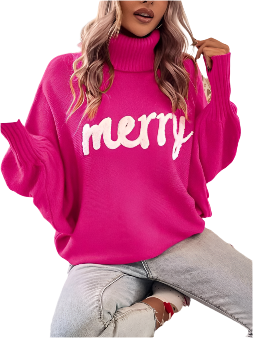 Women's turtleneck loose bat sleeves letter sweater