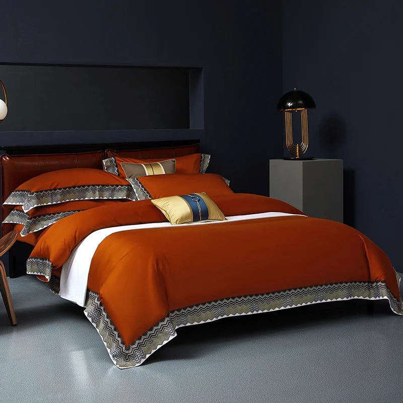 Delicate Sea Wave Design Orange Fabric 4Pieces Bedding Sets Digital Printing BedSheets Pillowcase Duvet Cover Queen King Size