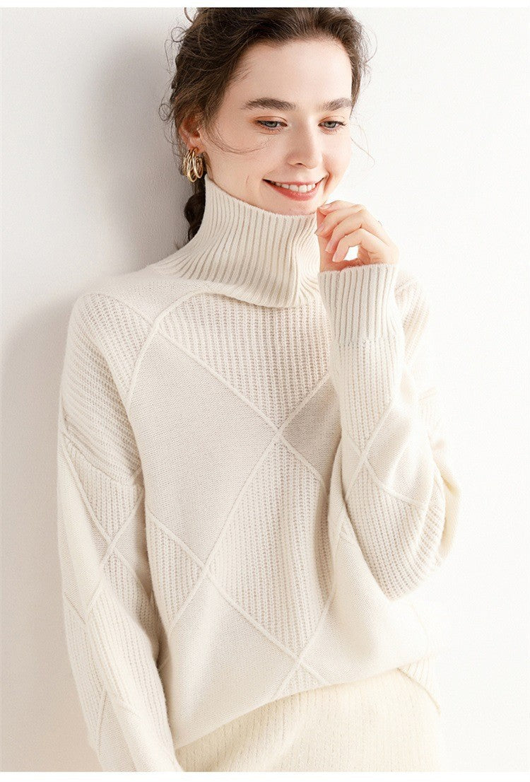 Wool 2023 New Autumn And Winter Women's Large Diamond Korean Style High Collar Loose Lazy Pullover Sweater Base Sweater