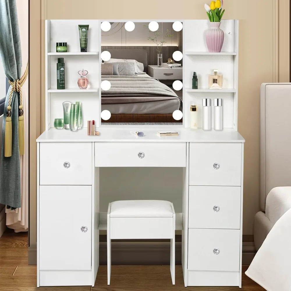 VMakeup table with mirror and 10 lights, 5 drawers, 1 cabinet, 3 levels of storage space, with bedroom stool and dressing table