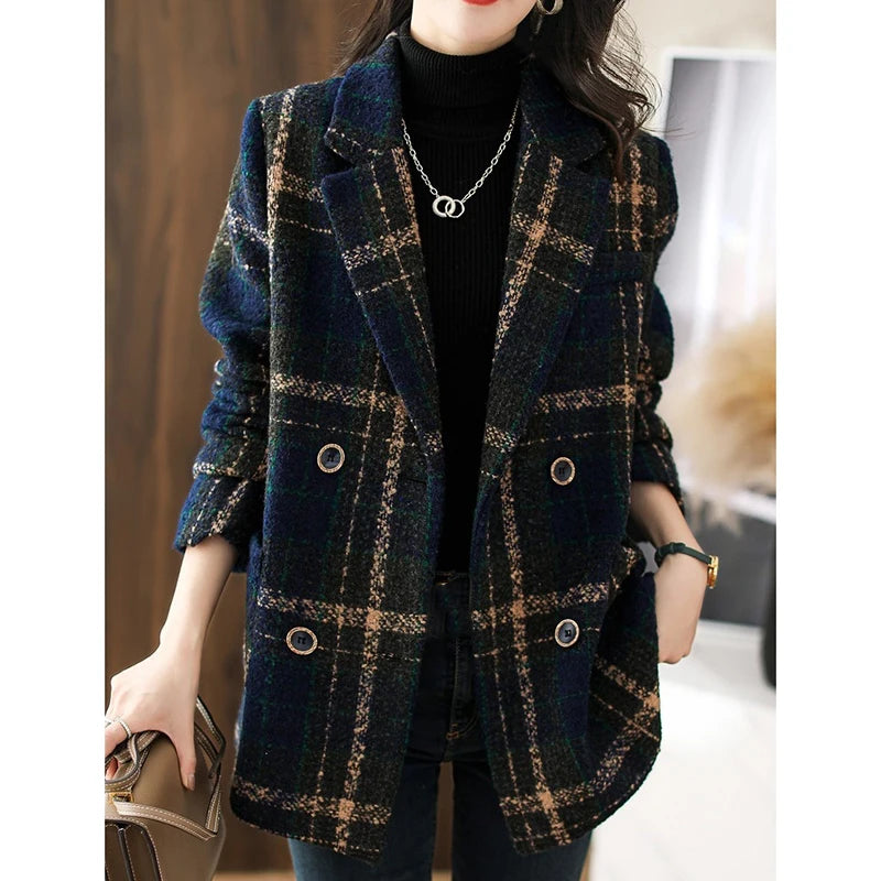 Women Mid Length Casual Plaid Woolen Jacket Female Spring Autumn Retro British Style Wool Blend Lattice Overcoat Jacket Wild Top
