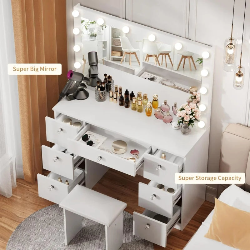 VOWNER Lighted Mirror - Makeup Vanity Desk With Power Outlet And 7 Drawers, 3 Color Lighting Modes Adjustable Bright
