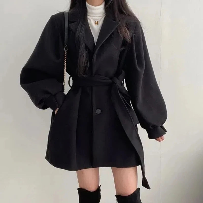 Zoki Fashion Korean Women Faux Woolen Coats Elegant Belt Ladies Jacket Fall Casual High Waist Tunic Female Blends Outwear