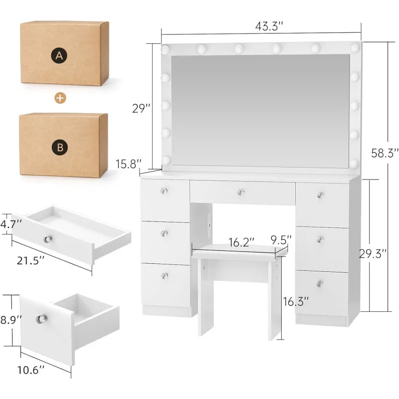 VOWNER Lighted Mirror - Makeup Vanity Desk With Power Outlet And 7 Drawers, 3 Color Lighting Modes Adjustable Bright