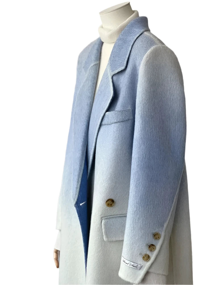 Winter Women Vintage Long Woolen Coat Fashion Long Sleeve Jackets Chic Gradient Outerwear Korean Ladies Casual Overcoat