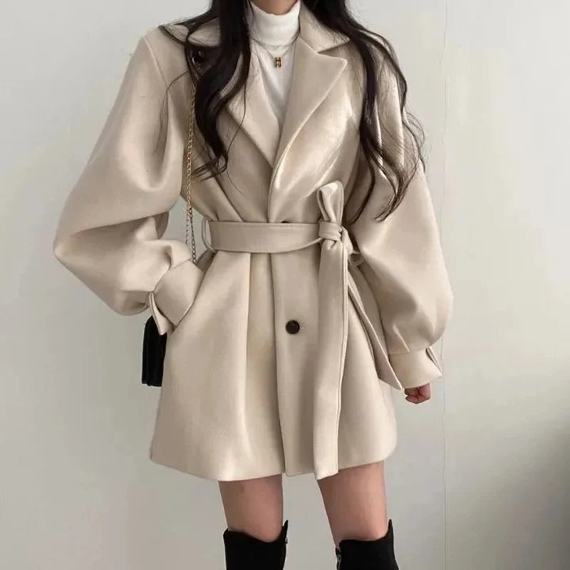 Zoki Fashion Korean Women Faux Woolen Coats Elegant Belt Ladies Jacket Fall Casual High Waist Tunic Female Blends Outwear