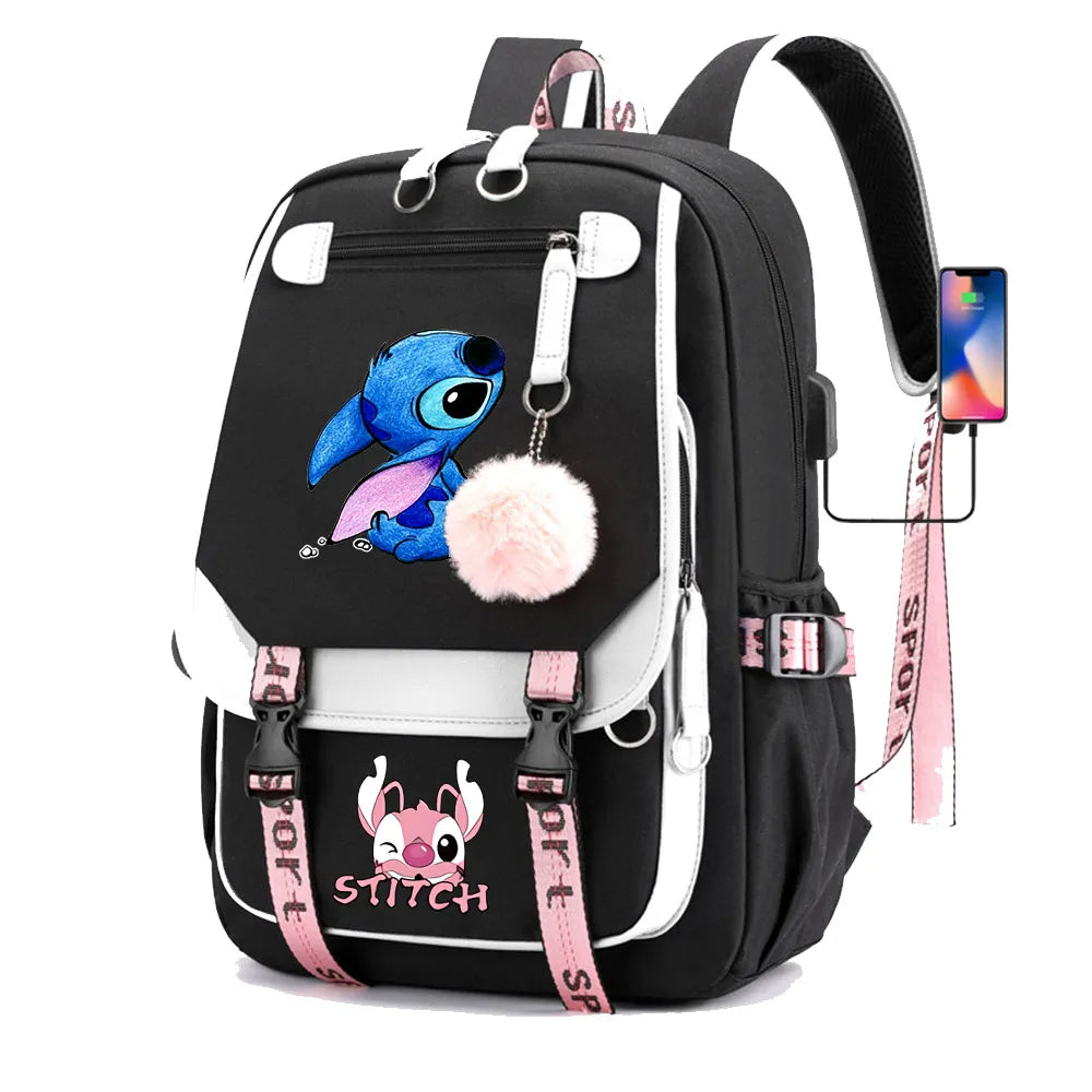 Stitch Boys Girls Kids School Book Bags Women USB Bagpack Teenagers Canvas Laptop Travel Student Backpack