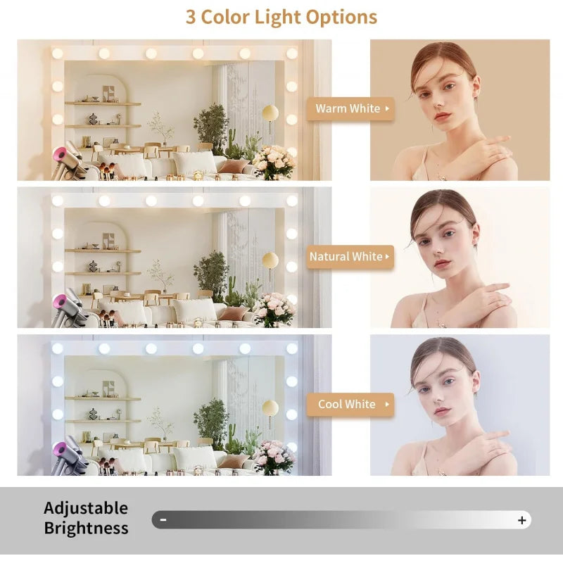 VOWNER Lighted Mirror - Makeup Vanity Desk With Power Outlet And 7 Drawers, 3 Color Lighting Modes Adjustable Bright