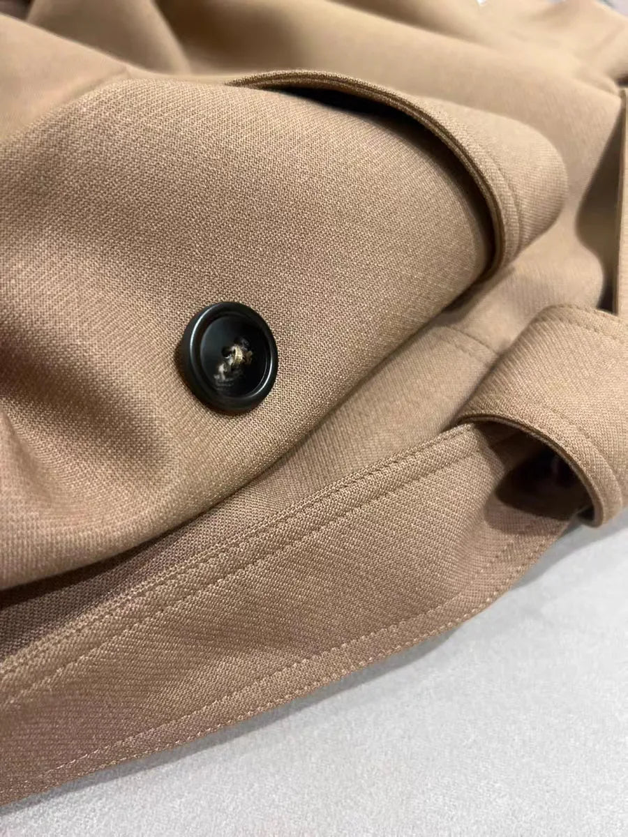 Women Lace-up Coat Bead Trim Short Sleeve Double Breasted Notched Elegant Autumn 2024 Mid-Length Jacket