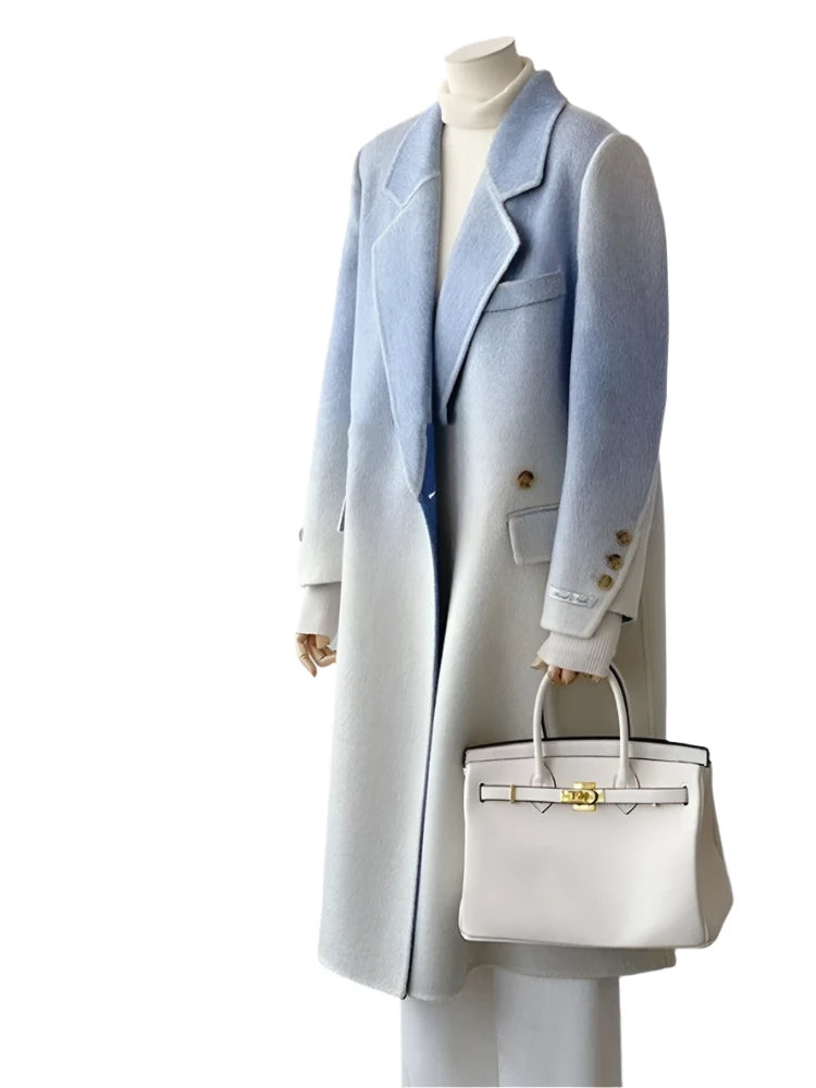 Winter Women Vintage Long Woolen Coat Fashion Long Sleeve Jackets Chic Gradient Outerwear Korean Ladies Casual Overcoat