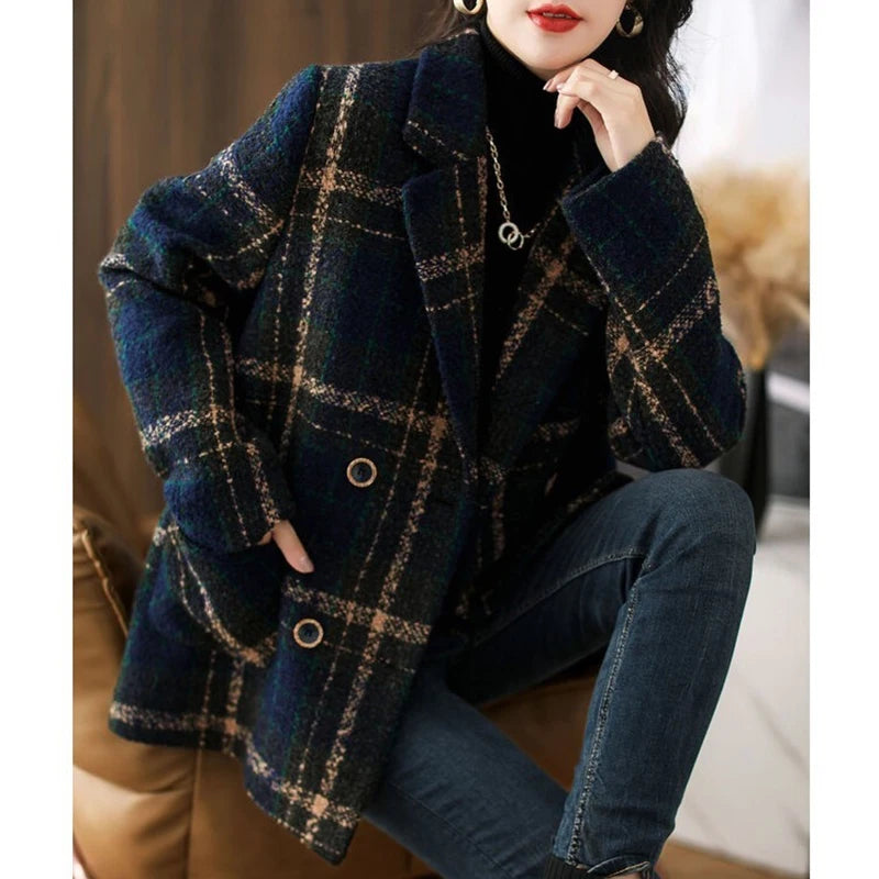 Women Mid Length Casual Plaid Woolen Jacket Female Spring Autumn Retro British Style Wool Blend Lattice Overcoat Jacket Wild Top