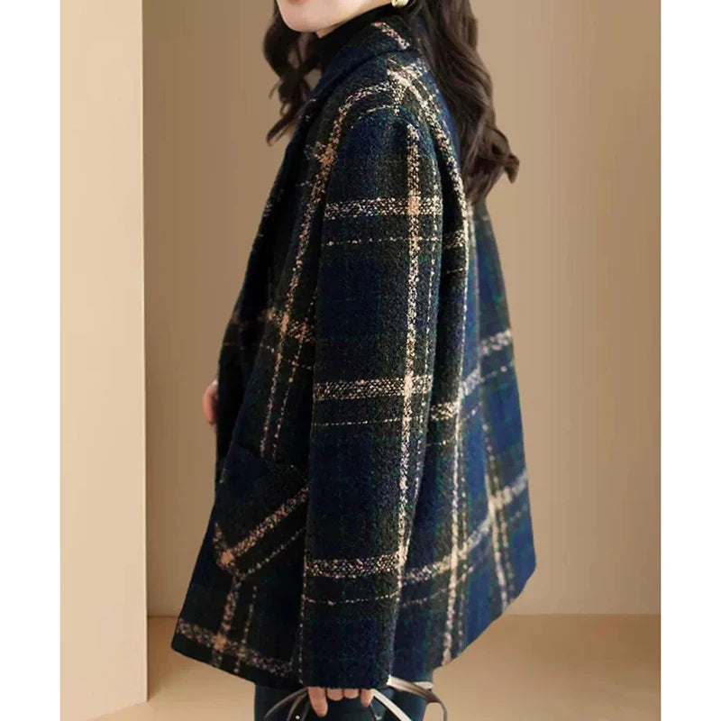 Women Mid Length Casual Plaid Woolen Jacket Female Spring Autumn Retro British Style Wool Blend Lattice Overcoat Jacket Wild Top