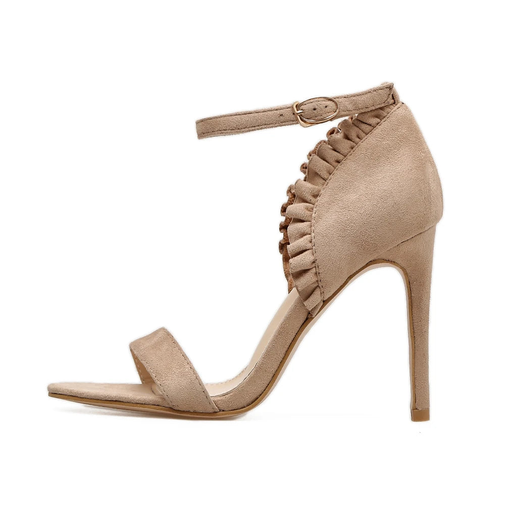 n Women High Heels Sandals Shoes Woman Pumps Fashion Ruffles Ankle Strap Buckle Party Wedding Ladies Sexy Stilettos
