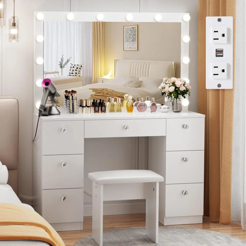 VOWNER Lighted Mirror - Makeup Vanity Desk With Power Outlet And 7 Drawers, 3 Color Lighting Modes Adjustable Bright