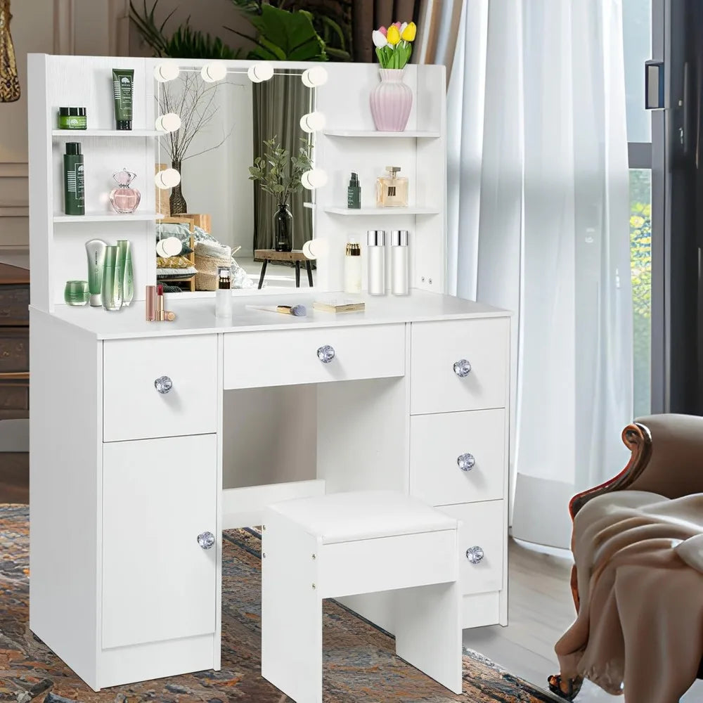 VMakeup table with mirror and 10 lights, 5 drawers, 1 cabinet, 3 levels of storage space, with bedroom stool and dressing table