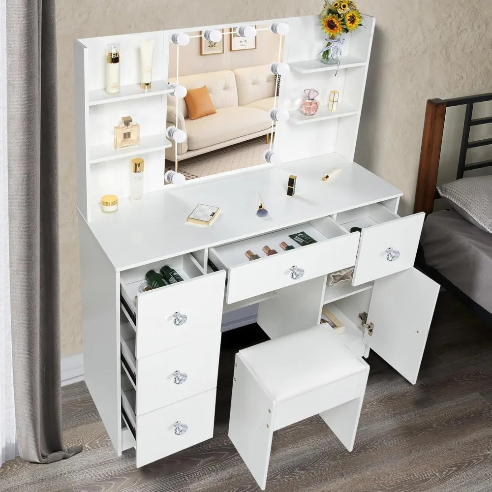 VMakeup table with mirror and 10 lights, 5 drawers, 1 cabinet, 3 levels of storage space, with bedroom stool and dressing table