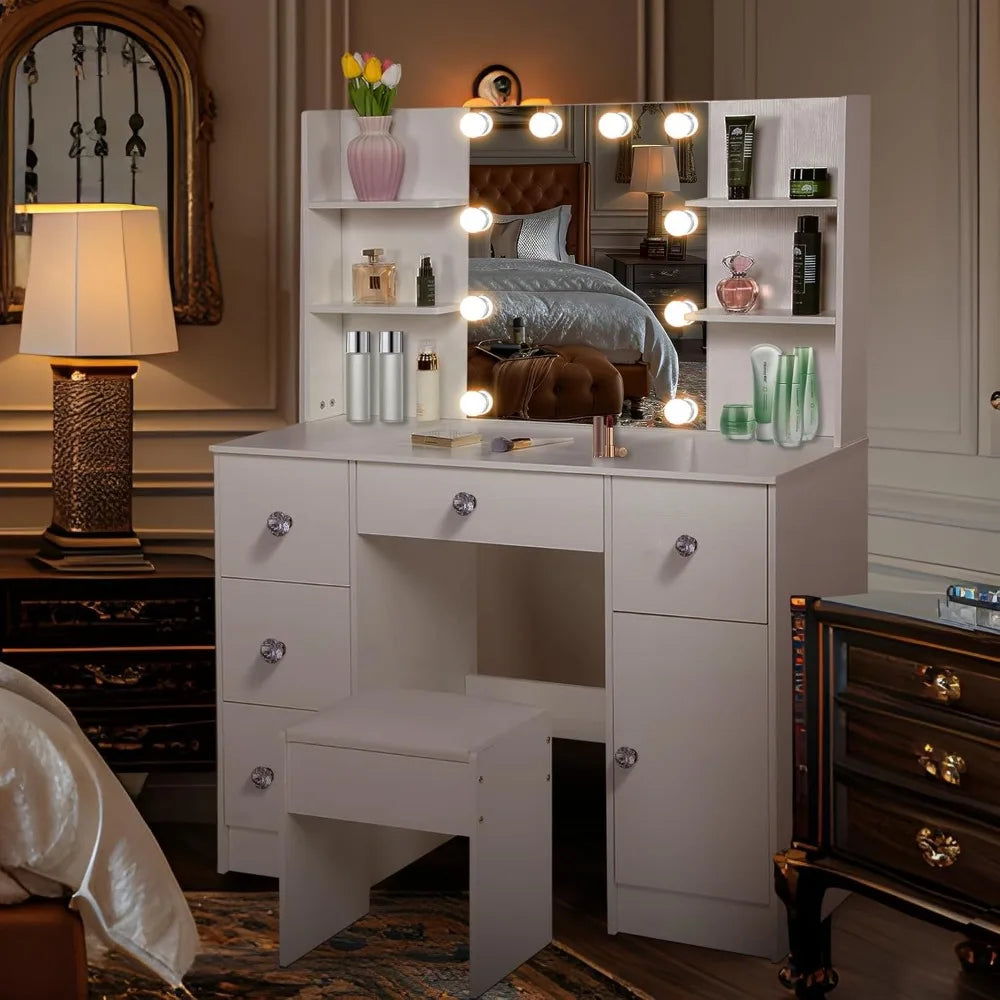 VMakeup table with mirror and 10 lights, 5 drawers, 1 cabinet, 3 levels of storage space, with bedroom stool and dressing table