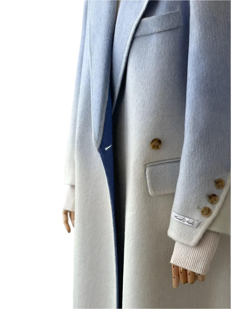 Winter Women Vintage Long Woolen Coat Fashion Long Sleeve Jackets Chic Gradient Outerwear Korean Ladies Casual Overcoat