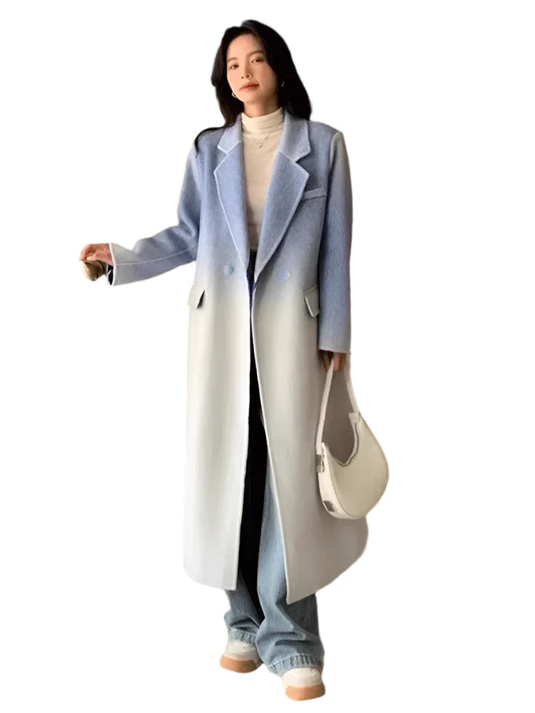 Winter Women Vintage Long Woolen Coat Fashion Long Sleeve Jackets Chic Gradient Outerwear Korean Ladies Casual Overcoat