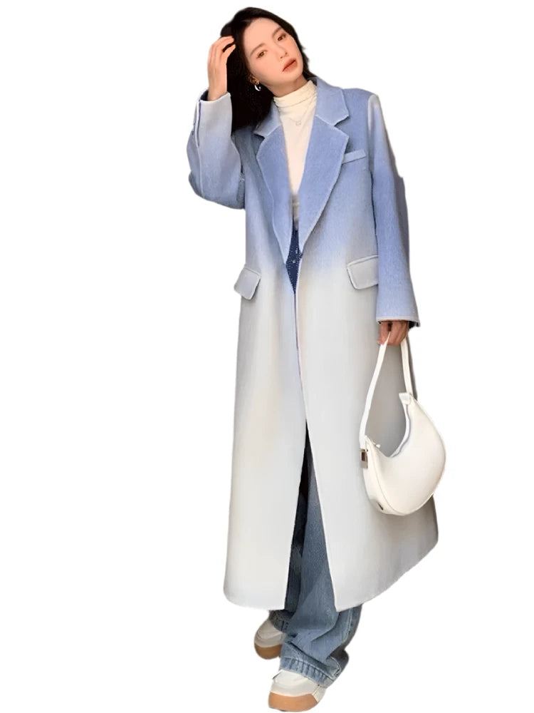 Winter Women Vintage Long Woolen Coat Fashion Long Sleeve Jackets Chic Gradient Outerwear Korean Ladies Casual Overcoat