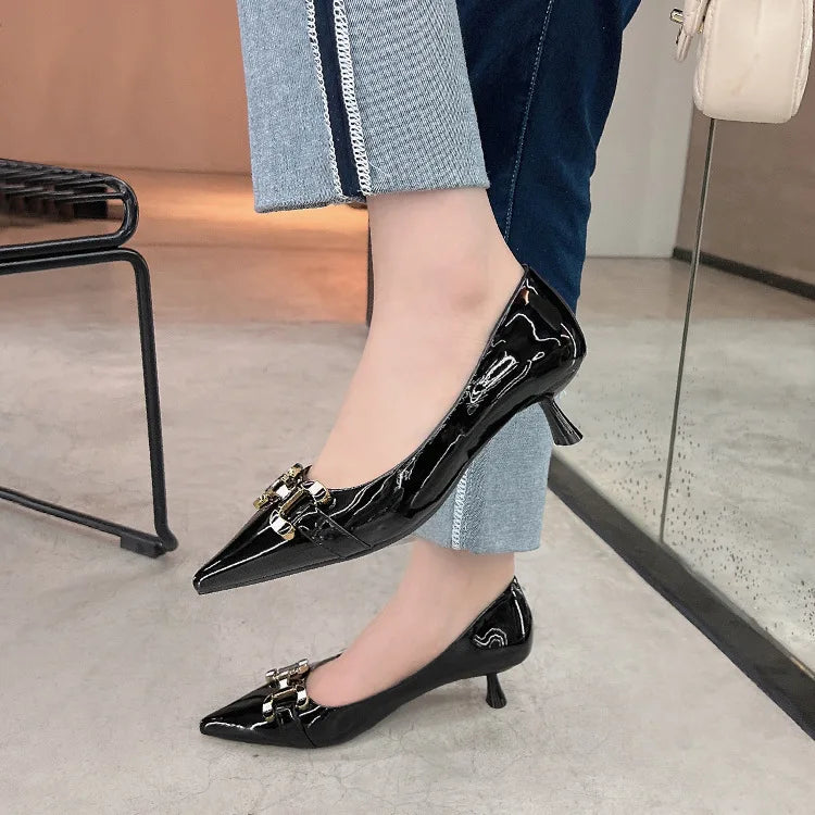 Fashion Design Bright Leather Med Heel Women's Shoes Made by Real Leather Soft Comfortable Shoes for Women Size 35 to 42