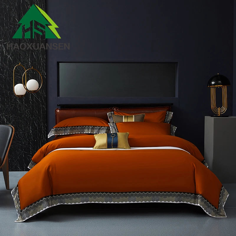 Delicate Sea Wave Design Orange Fabric 4Pieces Bedding Sets Digital Printing BedSheets Pillowcase Duvet Cover Queen King Size