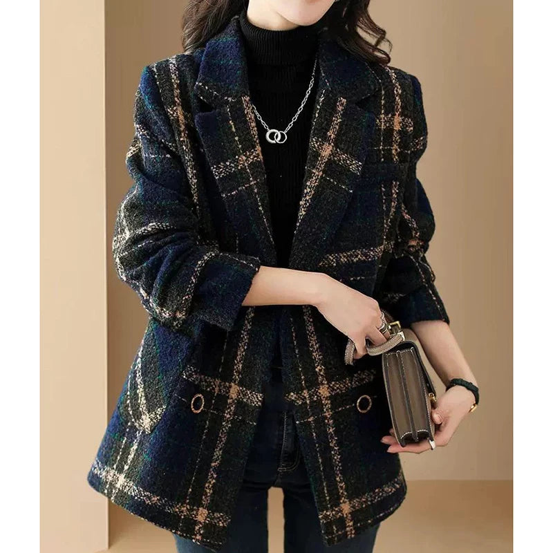 Women Mid Length Casual Plaid Woolen Jacket Female Spring Autumn Retro British Style Wool Blend Lattice Overcoat Jacket Wild Top