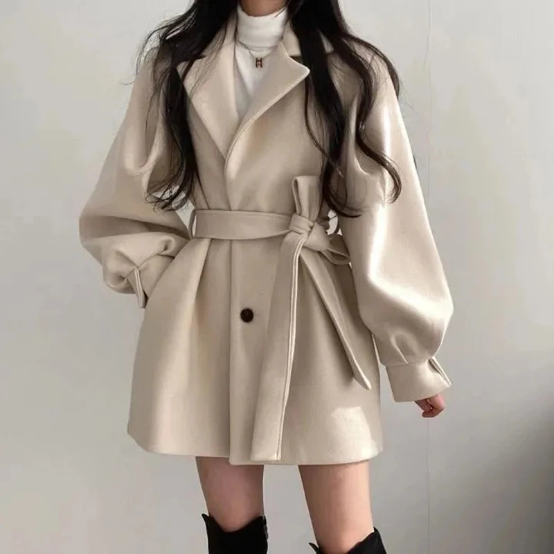 Zoki Fashion Korean Women Faux Woolen Coats Elegant Belt Ladies Jacket Fall Casual High Waist Tunic Female Blends Outwear