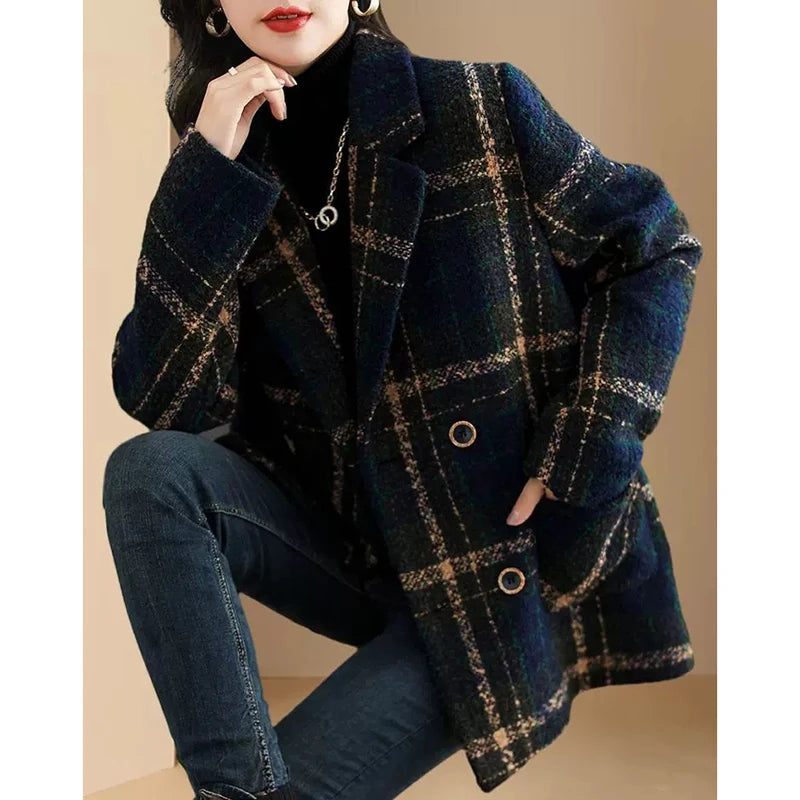 Women Mid Length Casual Plaid Woolen Jacket Female Spring Autumn Retro British Style Wool Blend Lattice Overcoat Jacket Wild Top