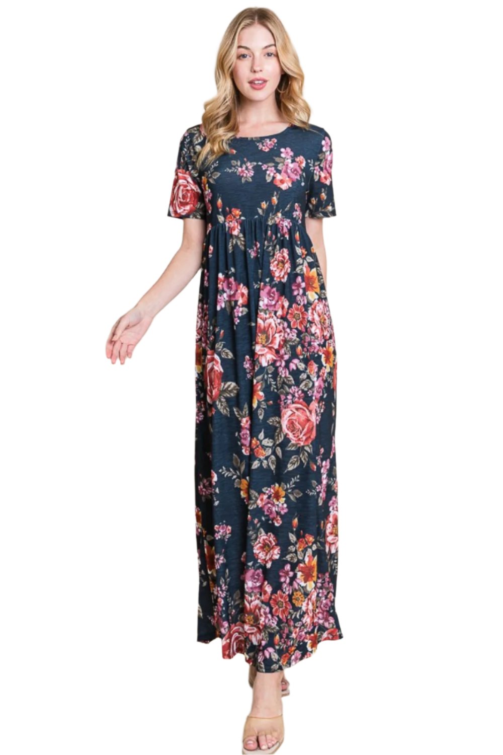 BOMBOM Floral Short Sleeve Maxi Dress