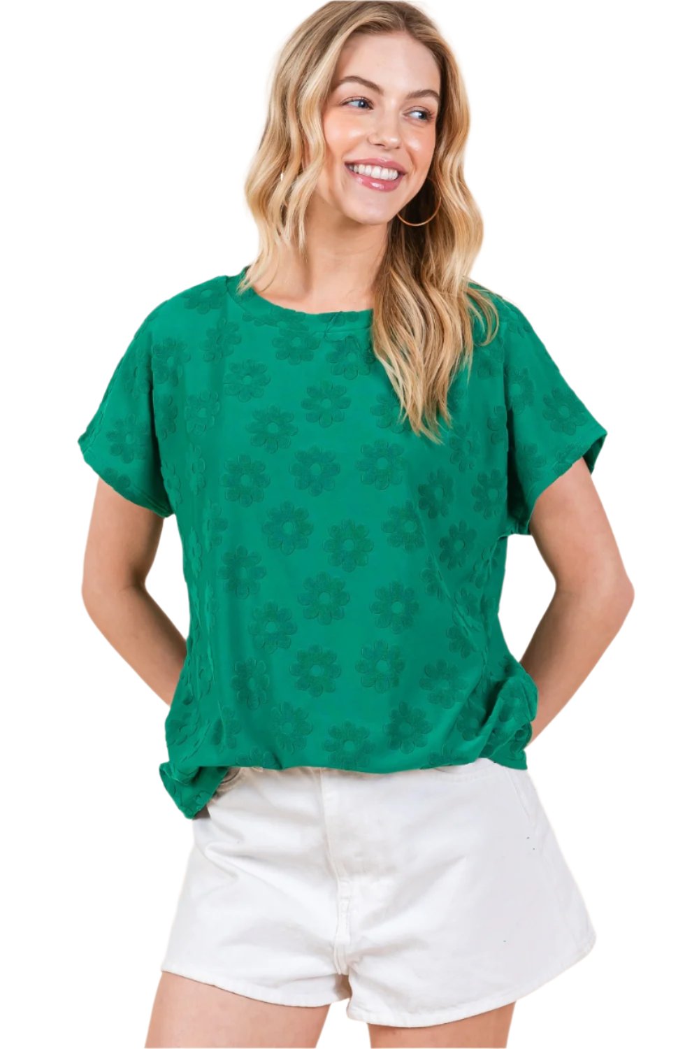 BOMBOM Textured Floral Pattern Short Sleeve T-Shirt