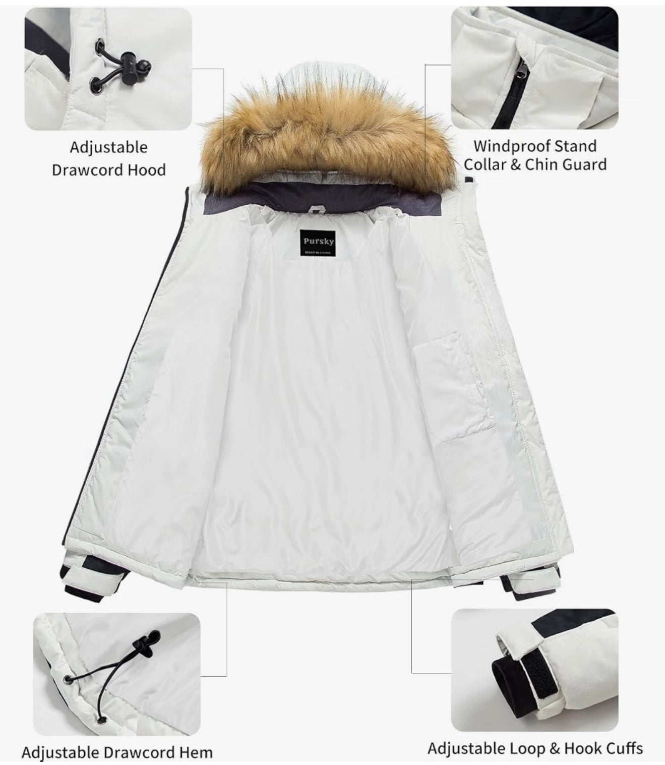 Women's Waterproof Insulated Faux Fur Winter Ski Puffer Jacket with Hood