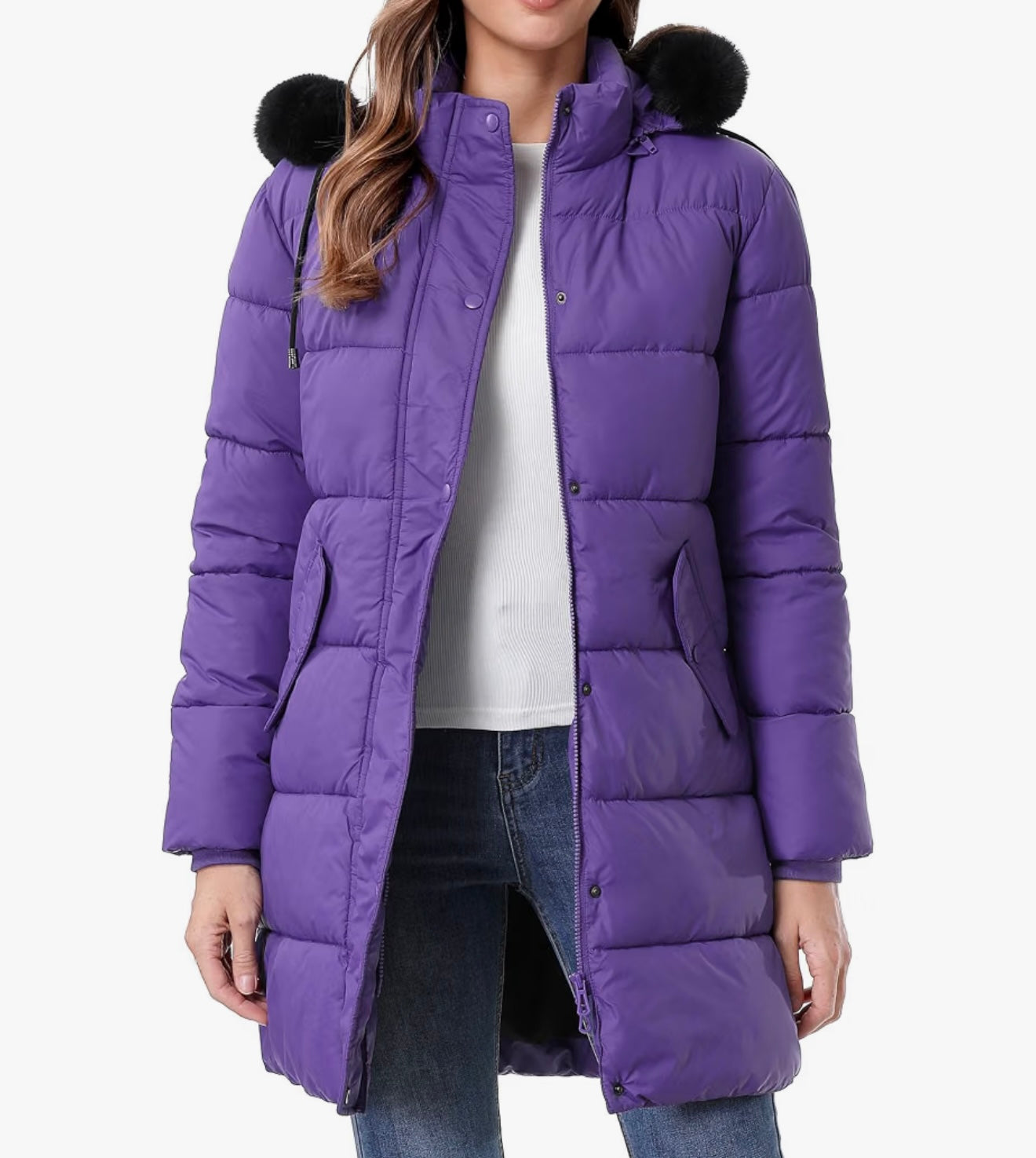 Women's Long Insulated Quilted Winter Puffer Coat - Purple Medium