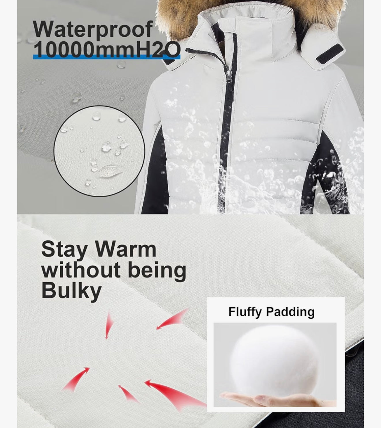Women's Waterproof Insulated Faux Fur Winter Ski Puffer Jacket with Hood