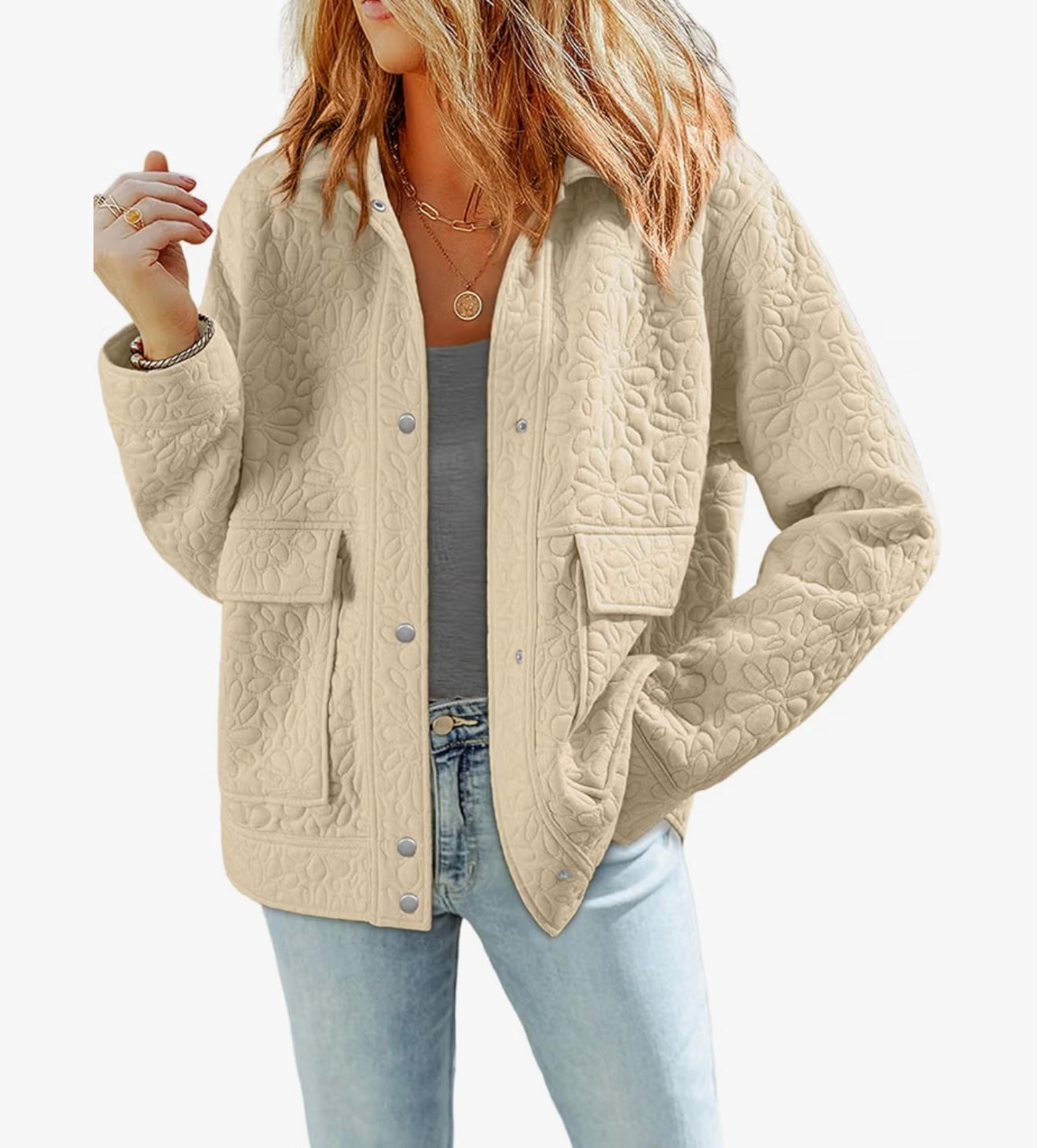 Women's Beige Quilted Loose Fit Button Down Jacket